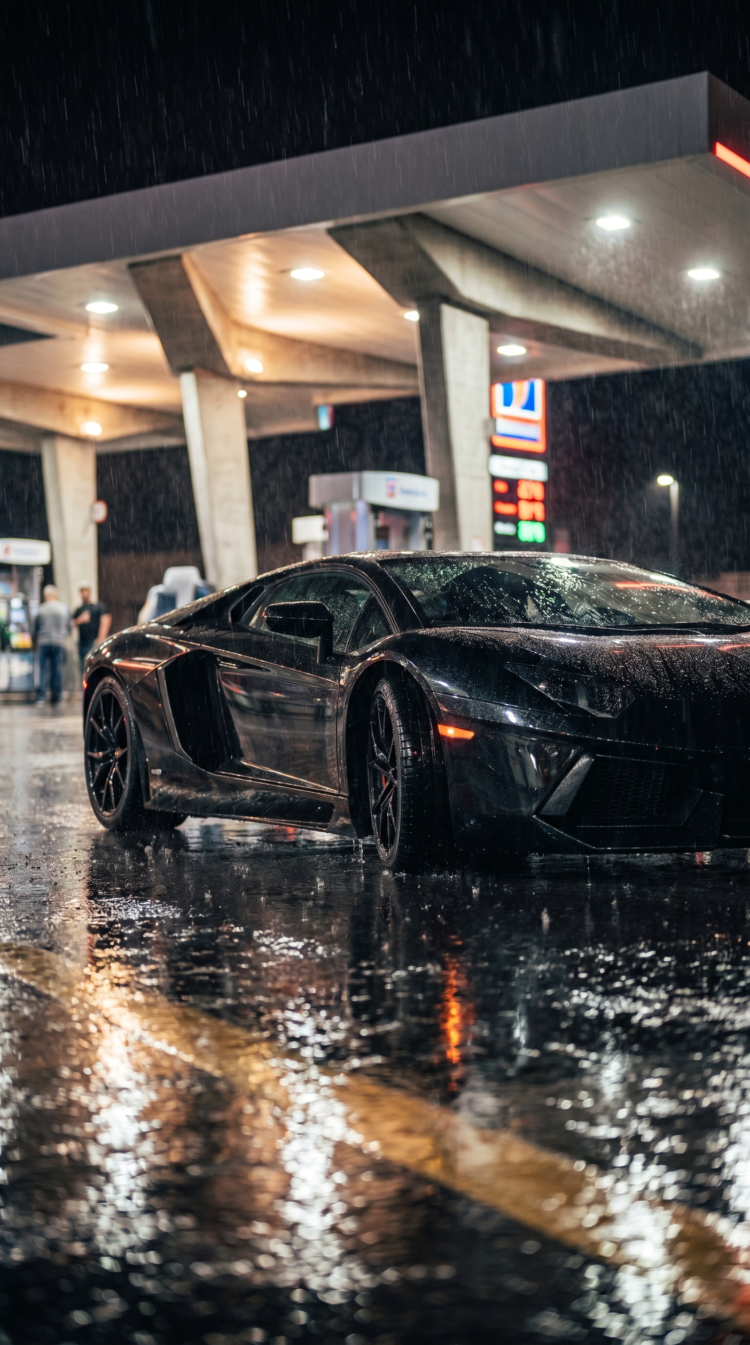A cinematic car scene in rain